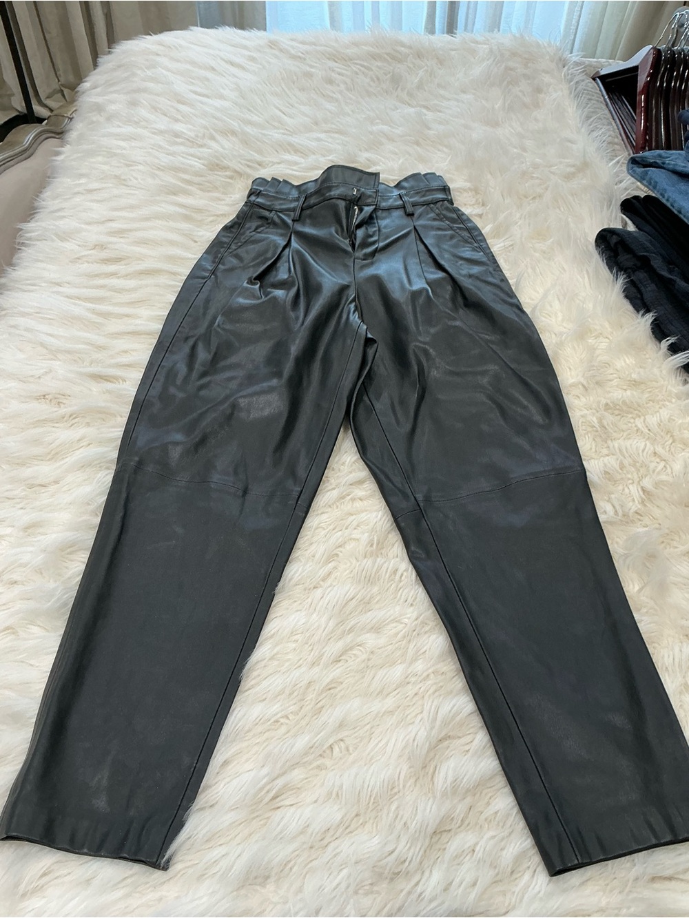 Women’s Black Faux Leather Pleated Tapered Pants